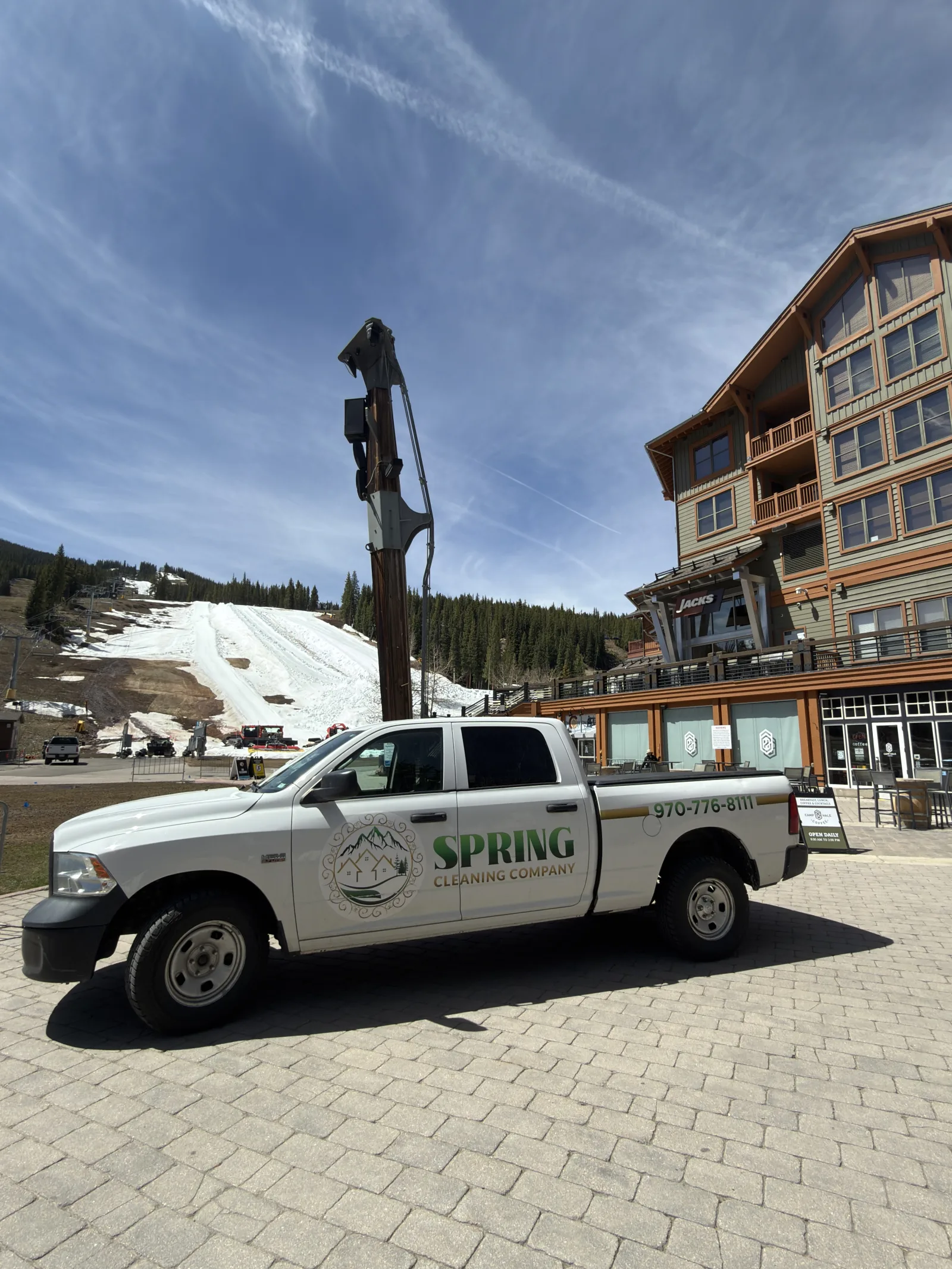 Spring Cleaning Company truck at a Summit County Colorado ski resort base area