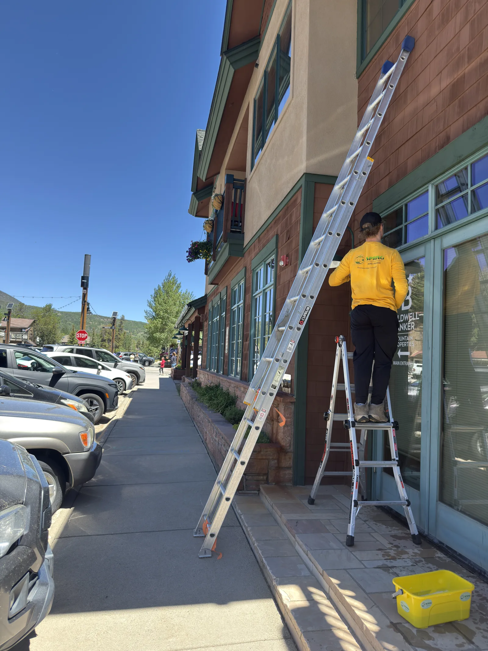 Recent work: exterior window cleaning from a ladder on a Frisco Colorado storefront