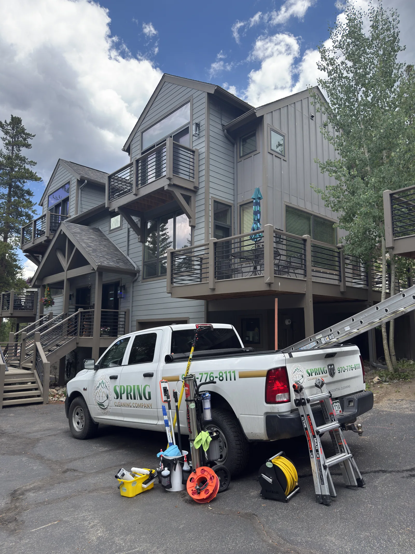 Recent work: Spring Cleaning Company truck and window cleaning equipment at a mountain home in Summit County Colorado